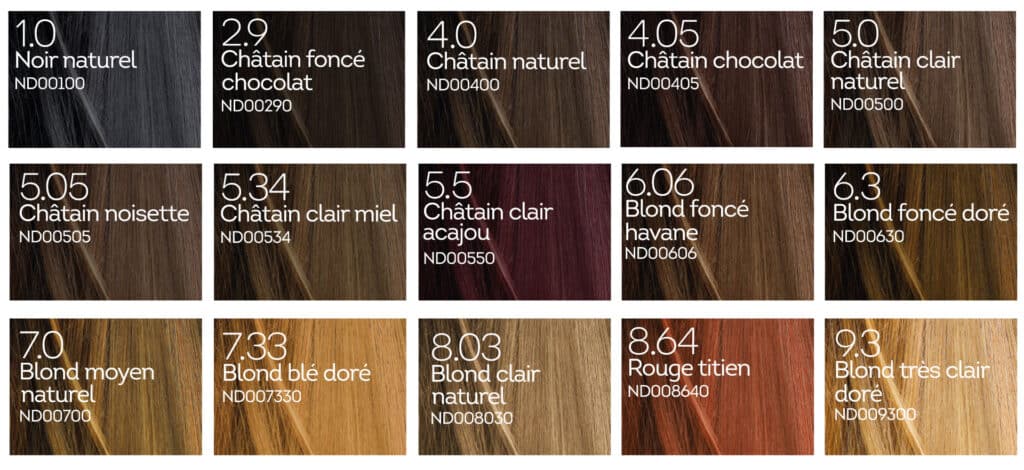 15 nuances de notre gamme de coloration naturelle pour cheveux délicats