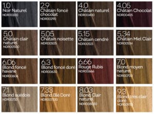 16 nuances de notre gamme de coloration naturelle rapide pour cheveux délicats